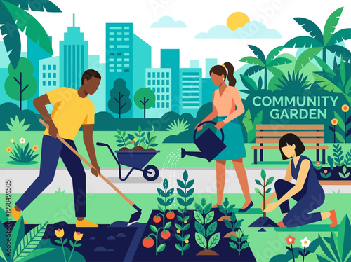 Diverse People Working in Urban Community Garden with City Skyline, Flat Vector Illustration of Sustainability and Community Farming