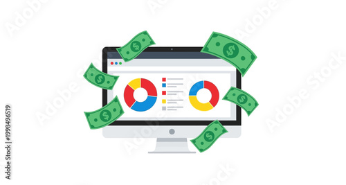 Laptop displaying financial charts with money falling from the screen