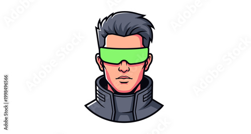 Stylized portrait of a man wearing futuristic glasses and a high collar