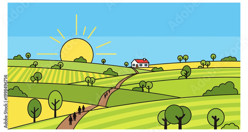 A simple cartoon illustration depicts a rural landscape with a house and walking figures