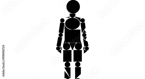 Stylized black silhouette of a human figure composed of geometric shapes on a white background, resembling a segmented mannequin or robot.