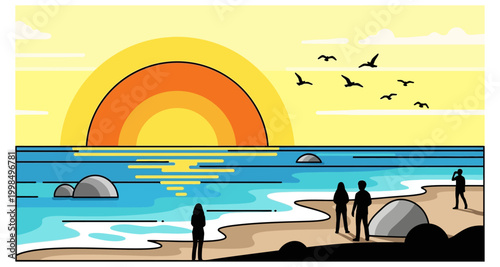 A minimalist illustration depicts people on a beach at sunset with birds flying overhead
