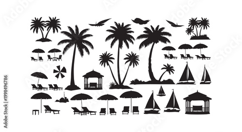 Beach theme vector set with palm trees umbrellas lounge chairs gazebos and sailboats silhouettes for summer design.