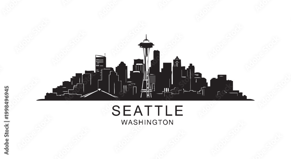 Fototapeta premium Black and white skyline silhouette of Seattle city in Washington state featuring famous landmarks and urban cityscape.