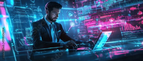 Businessman working with a digital data display