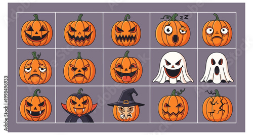 A colorful halloween pattern featuring jack o lanterns ghosts and a vampire
