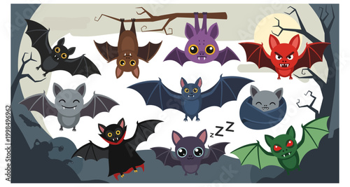 A colorful assortment of cartoon bats flies against a spooky halloween moon