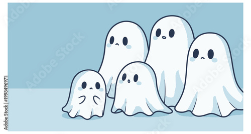 A group of adorable cartoon ghosts with simple expressive faces