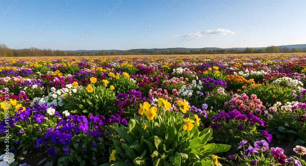 Fototapeta premium Vibrant pansy flower field blooms with diverse colors under bright blue sky.