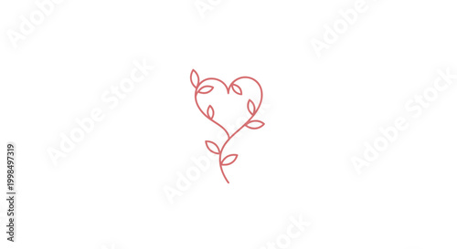 Red heart shaped vine with leaves on white background