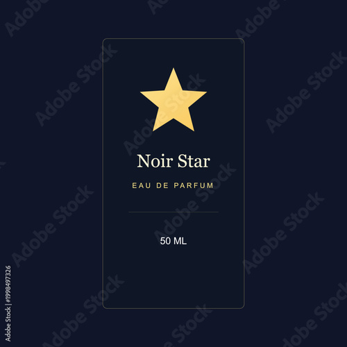 Luxury Perfume Label Template with Gold Star Icon on Dark Navy Background - Noir Star Eau De Parfum 50ml Minimalist Fragrance Branding Design