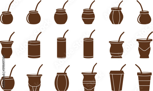 Flat vector set of traditional yerba mate gourds and cups with bombilla straws, featuring diverse brown silhouettes of South American herbal tea drink containers.