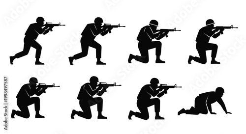 Soldier firing gun in various positions.