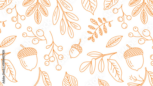 autumn seasonal seamless vector pattern, hand drawn sketch leaves with oak, maple, chestnut, acorn, and rowan berry elements, modern trendy line art background for surface design, cards, and print.
