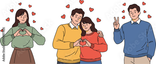 PrintRomantic couple set with young man and woman making heart signs showing love and affection for valentines day