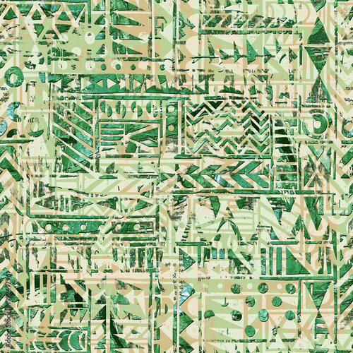 Seamless Green Tribal Geometric Pattern Background with Ethnic Abstract Symbols and Distressed Texture