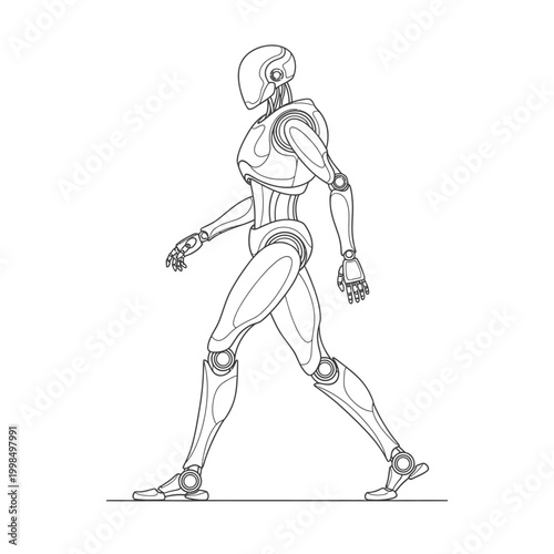 Detailed modern humanoid robot walking with purpose in a side profile on an isolated white background.