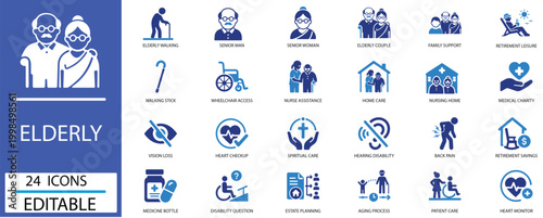 ELDERLY CARE NURSING HOME RETIREMENT VECTOR ICON SET featuring SENIOR, MEDICAL, HEALTH, WHEELCHAIR, NURSE, PATIENT, CLINIC, AGE, FAMILY, PENSION, DISABILITY, DISEASE, MEDICINE and more symbols.