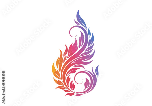 A colorful gradient illustration of a stylized feather-like design swirls dynamically.