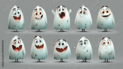 Collection of cute ghost characters displays various facial expressions and poses.