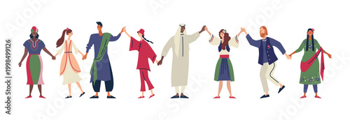 Flat  illustration of people from different cultures and countries holding hands together. Multicultural group wearing traditional clothing, representing unity, friendship, equality 