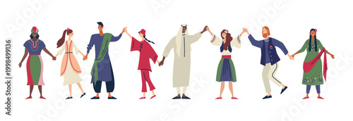 Flat vector illustration of people from different cultures and countries holding hands together. Multicultural group wearing traditional clothing, representing unity, friendship, equality 