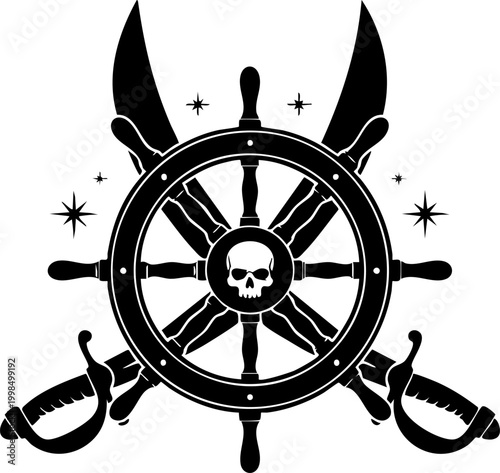 Pirate ship wheel emblem with skull crossed cutlass swords and nautical stars silhouette.