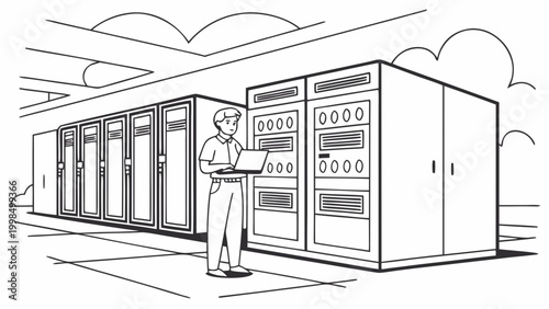 Man working on laptop in a server room with rows of computer racks computer technology infrastructure hardware information processing equipment electric electronic engineering computerization