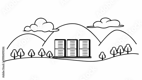 Abstract landscape with server racks in the center symbolizing cloud computing landscape technology information internet connection abstract environment illustration infrastructure