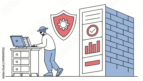 Person working on a laptop in front of a server and a shield icon near a brick wall security technology computer protection information firewall illustration business analysis application