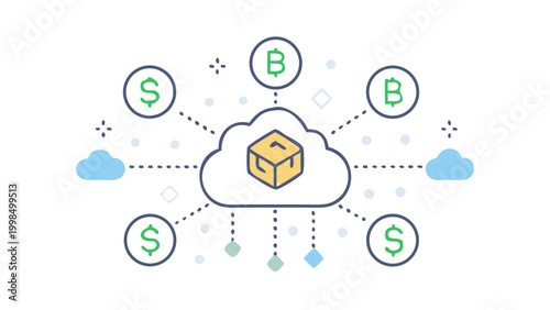 Cloud cryptocurrency and digital dollar network with cryptocurrency currency technology exchange blockchain connection electronic wireless investment transfer abstract illustration