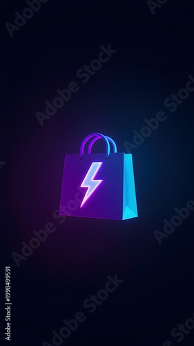 Shopping bag with neon glowing lightning bolt symbol on dark background, copy space
