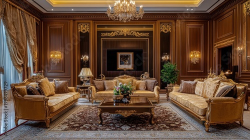 Luxurious living room with antique furniture and wood paneling