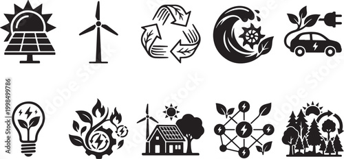 Set Of Black Renewable Energy Icons Featuring Solar Panels Wind Turbines Recycling Symbols Electric Cars Hydro Power Lightbulbs And Green Ecosystems