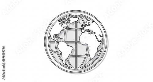 Minimal outline globe icon with soft inner shadow and white world continents elegant vector illustration isolated on white backgroundglobe, outline, icon, world, map, minimal, earth, global, continent