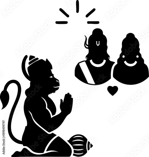 Hanuman kneeling in prayer before divine figures hindu mythology spiritual devotion icon.