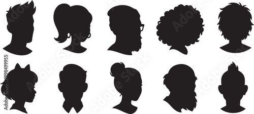 Set Of Diverse People Head Silhouettes Featuring Various Hairstyles And Profiles Including Ponytail Afro Beard Bun Mohawk And Spiky Hair