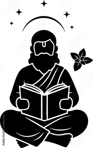 Indian sage guru with sacred knowledge reading ancient text meditation spirituality concept.