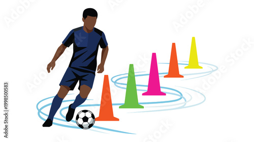 Soccer player dribbling through colorful cones illustration showing athletic man practicing ball control and footwork.