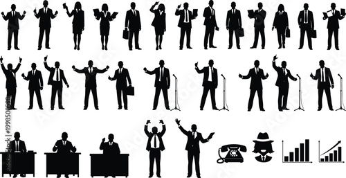 Large Set of Business People Silhouettes Featuring Professionals in Suits Presenting Working and Celebrating Success Vector Illustration Collection