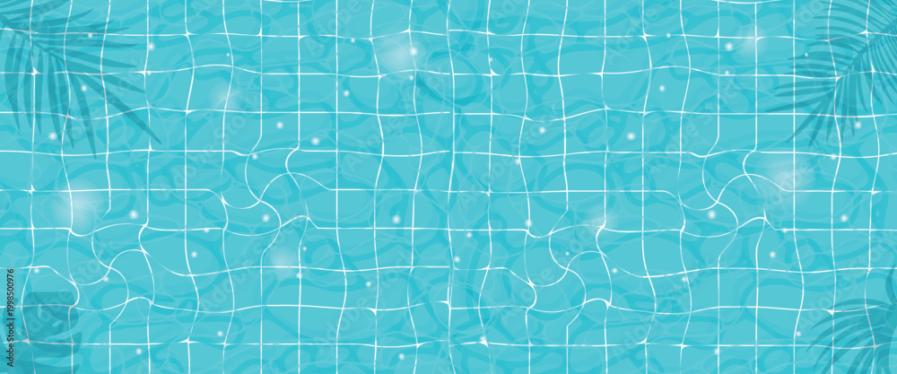 Fototapeta premium Blue tiled pool water surface light refraction and palm leaf shadows texture for summer background, resort design and tropical branding.