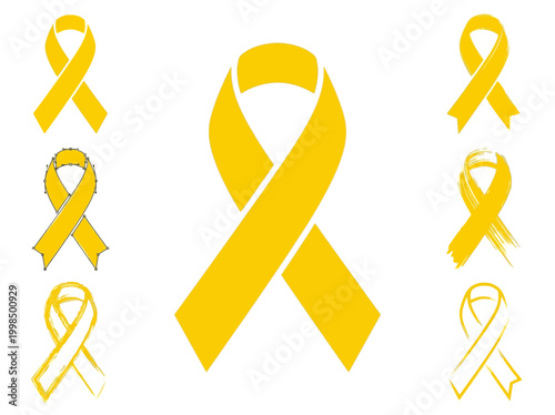 Yellow Awareness Ribbon Set - Suicide Prevention, Bone Cancer, Bladder Cancer and Military Support Symbols in Various Graphic Styles