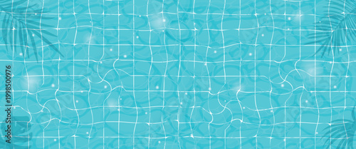 Blue tiled pool water surface light refraction and palm leaf shadows texture for summer background, resort design and tropical branding.