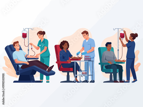 Diverse People Donating Blood in a Clinic with Medical Professionals Assisting, Healthcare and Charity Concept Illustration