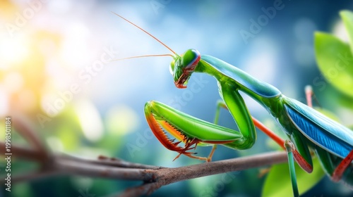 Close-up of Praying Mantis with Sharp Forelegs Raised in Natural Habitat