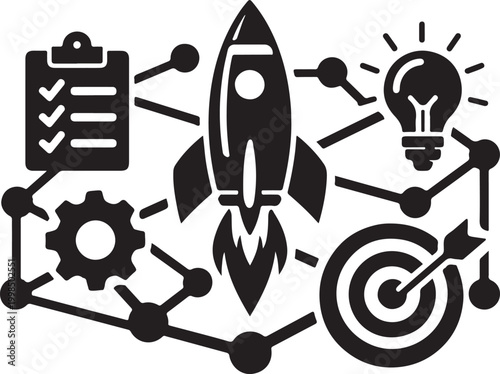 Startup workflow icon with connected nodes, strong silhouette, vector illustration, business process.