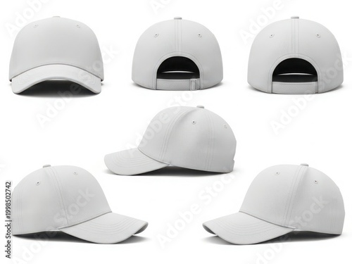 Assorted white baseball caps displayed from multiple angles