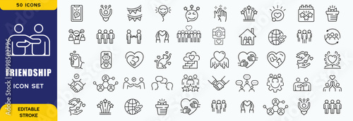 Friendship icon set. Containing friends, group of friend, socialize, friendly, cheers, trust, support and best friends icons. Solid icon collection. Vector illustration