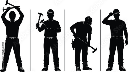 Professional set of construction worker silhouettes wearing hard hats and holding hammers in various poses, perfect for industrial, renovation, and manual labor designs.