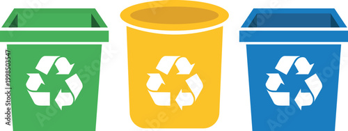 vector illustration of a recycling bin. Recycling bins in green yellow blue colors with white arrows symbolizing waste separation